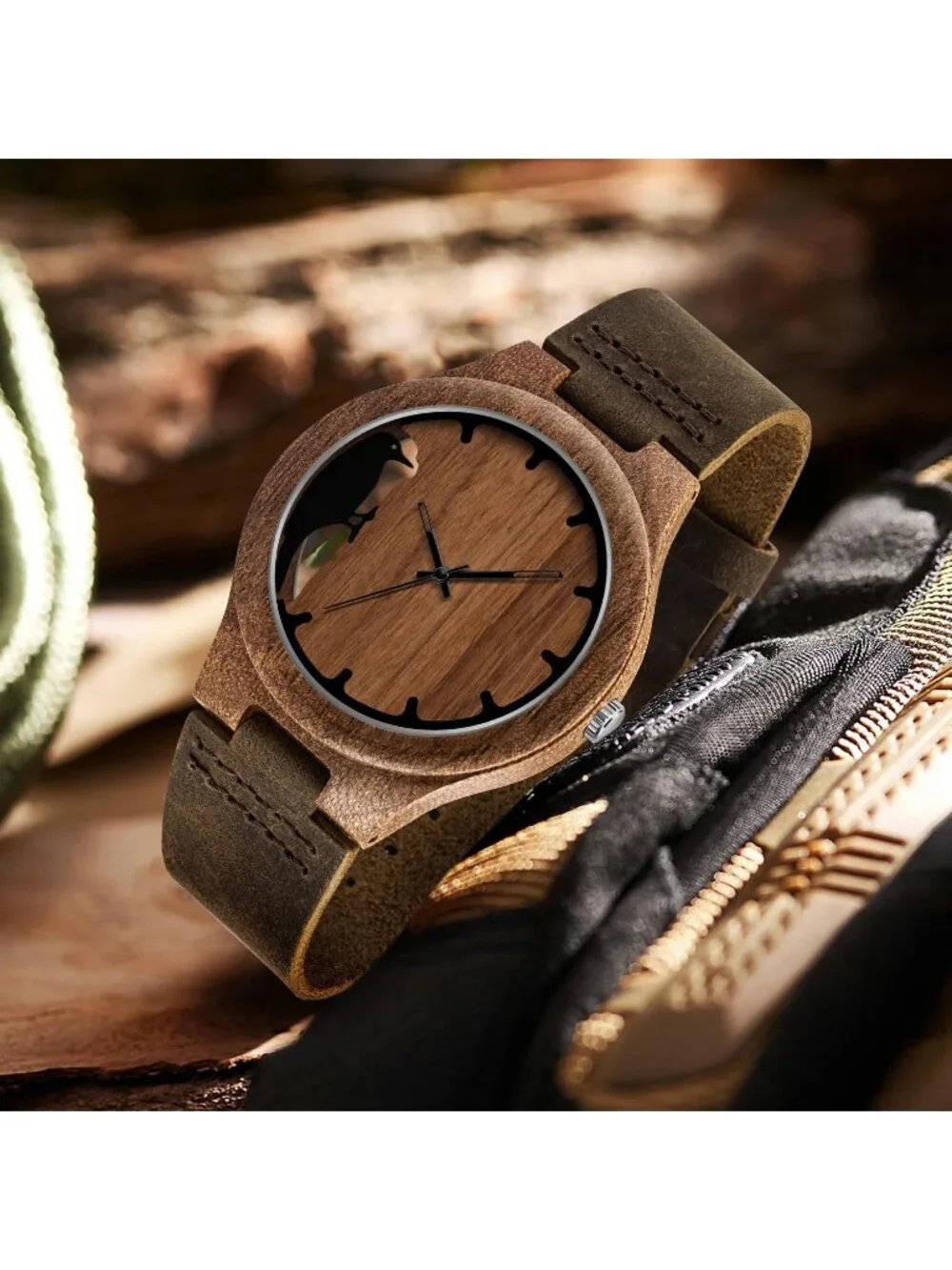 Men's Brown Analog Quartz Handmade Unique Design Leather Strap Wooden Watch